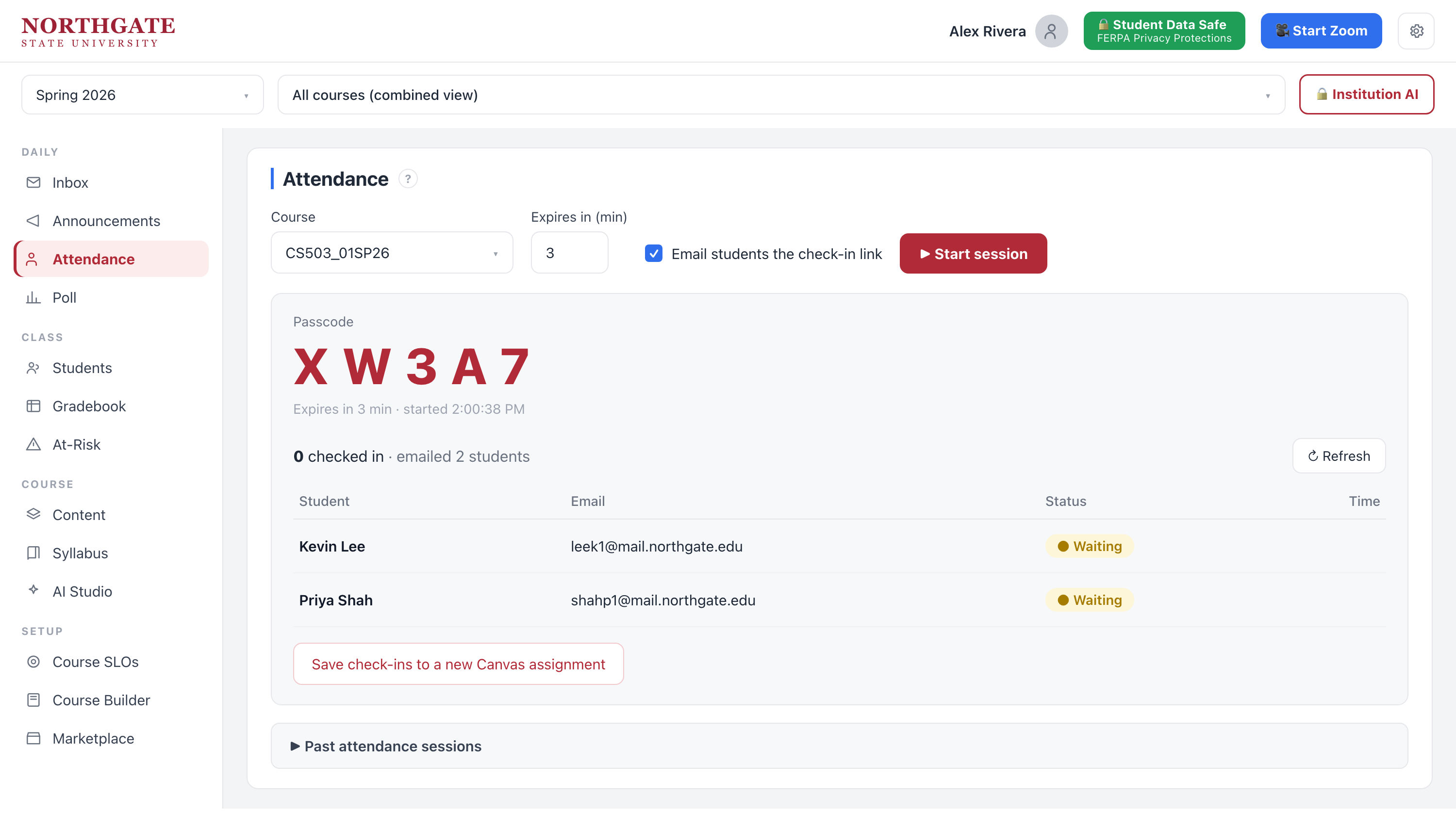 Live attendance session with a passcode and emailed check-in link