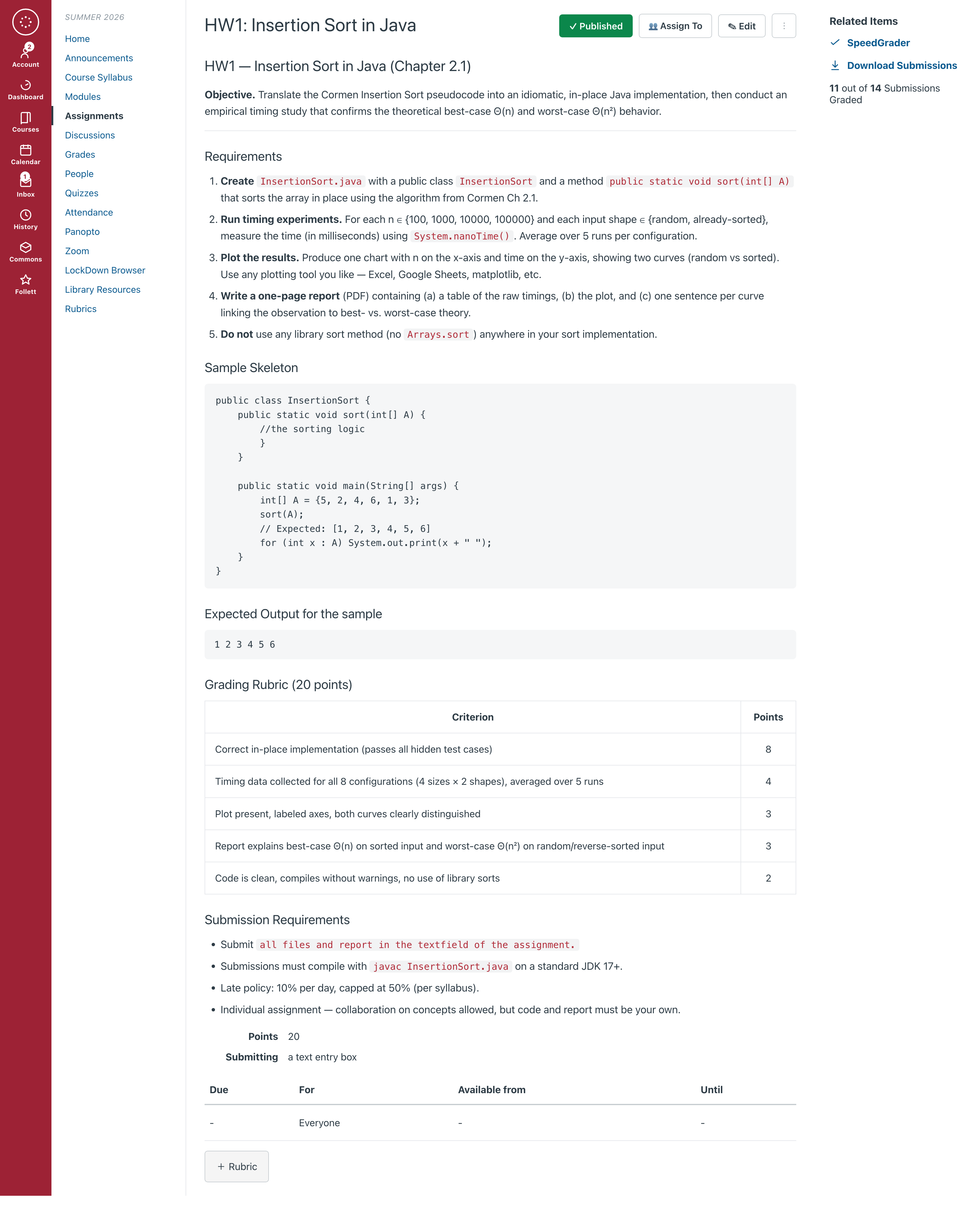 A full generated assignment published in Canvas