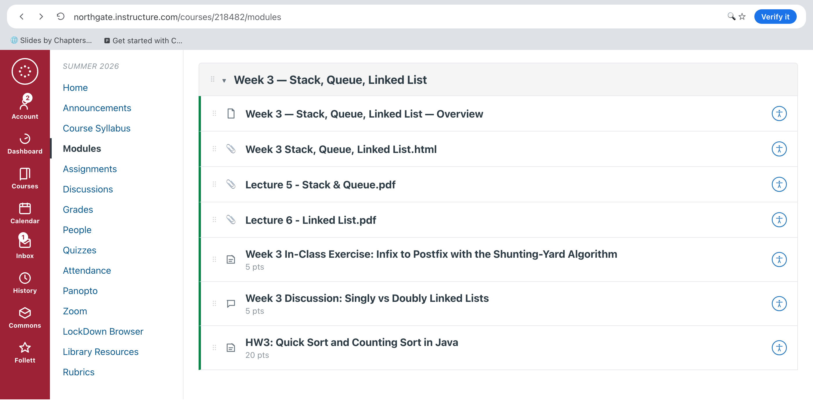 Generated course materials organized in a Canvas modules page