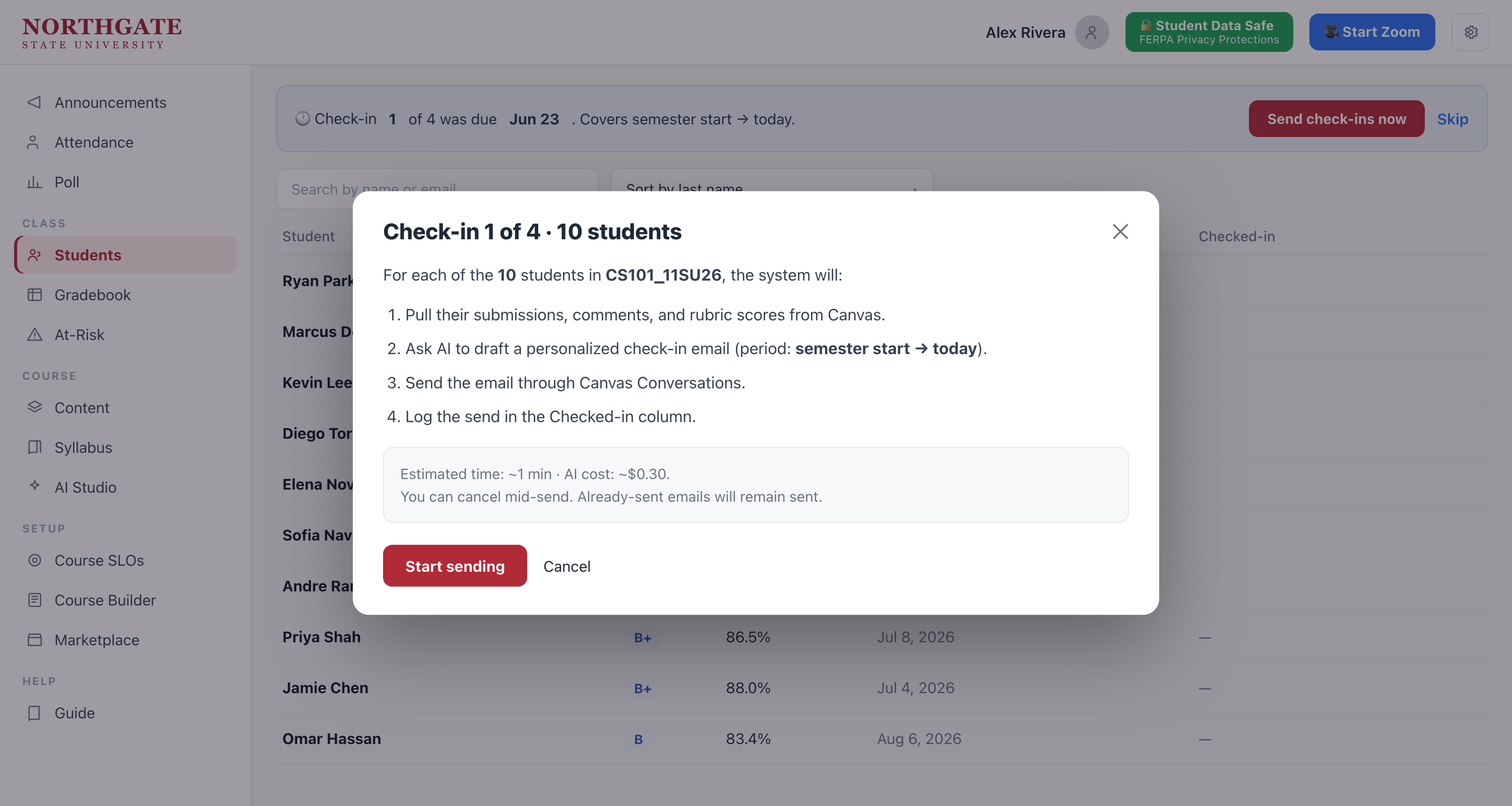 Bulk student check-in dialog that drafts a personalized email per student