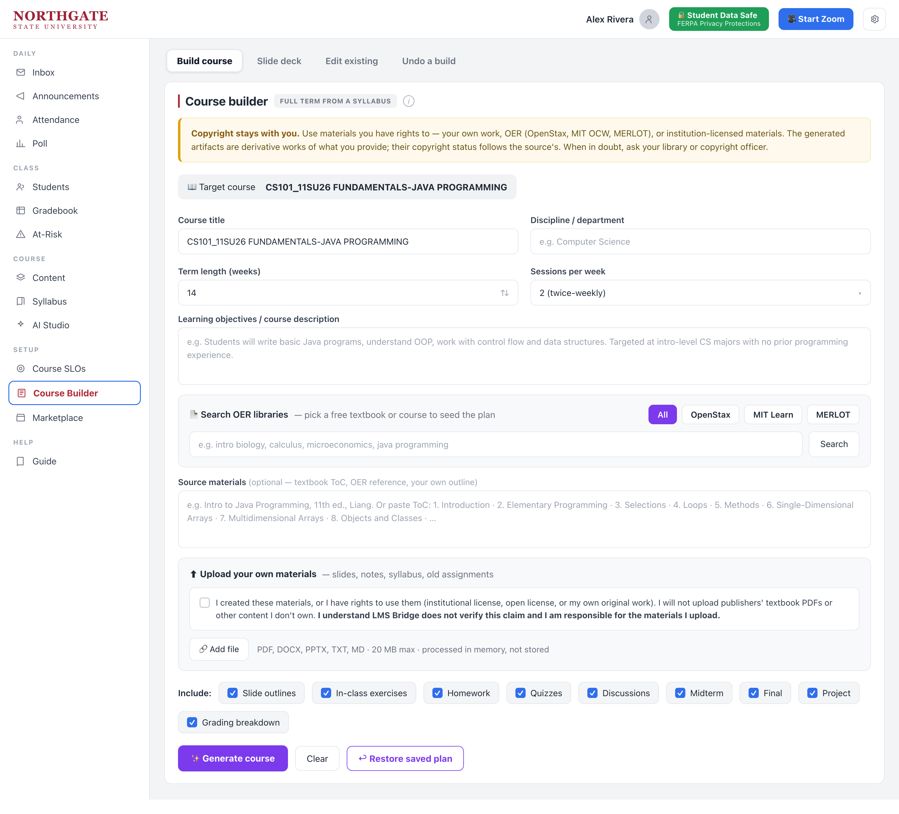 Course Builder — build a full term from a syllabus with OER search and options