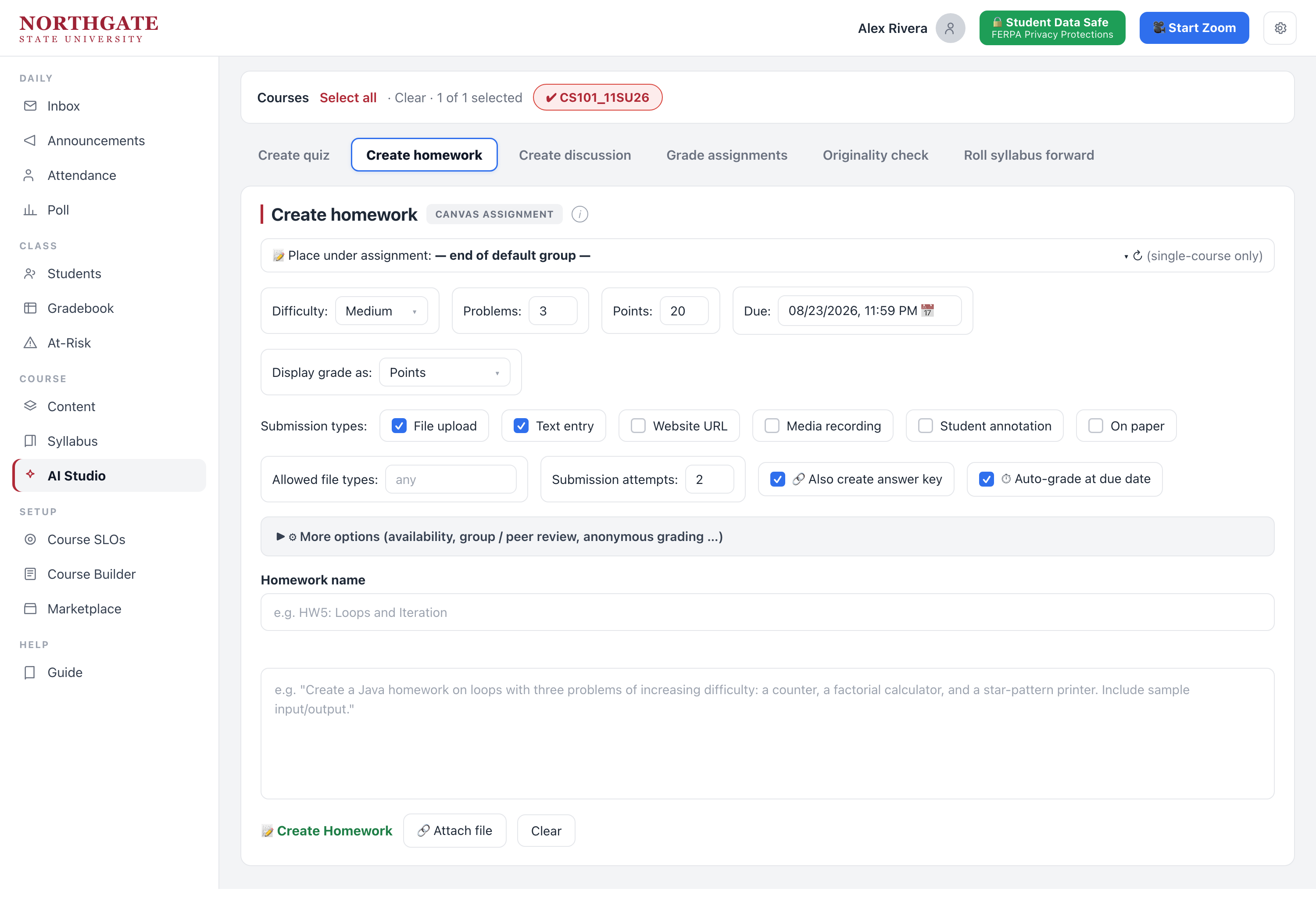 AI Studio create-homework screen with difficulty, points and submission types