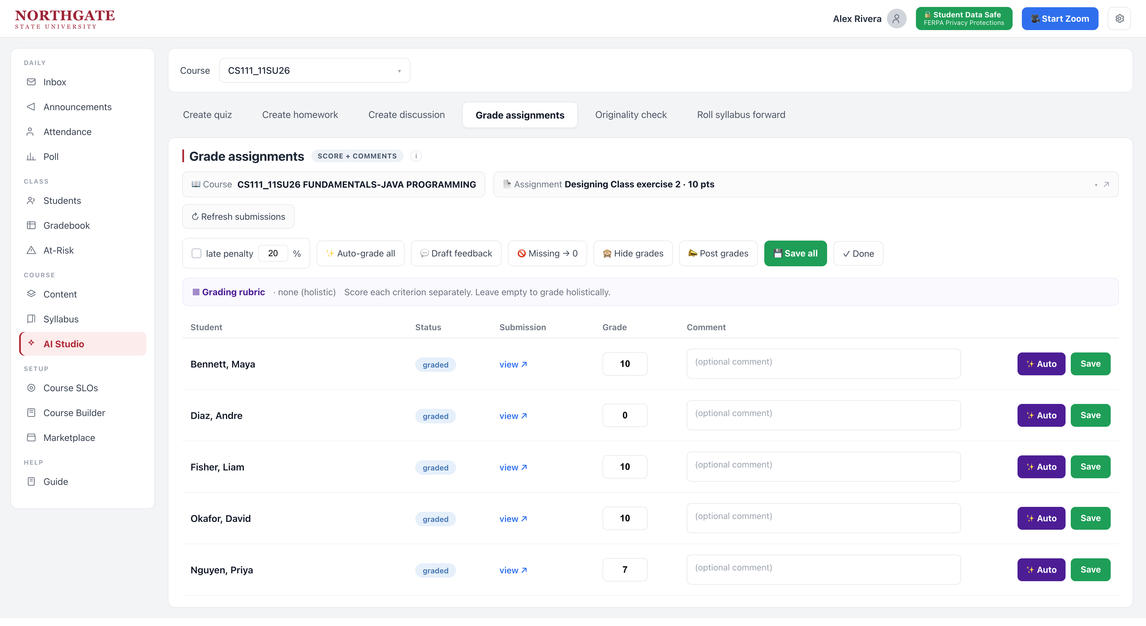 AI grading a whole class — a per-student score-and-comment table with auto-grade for each student