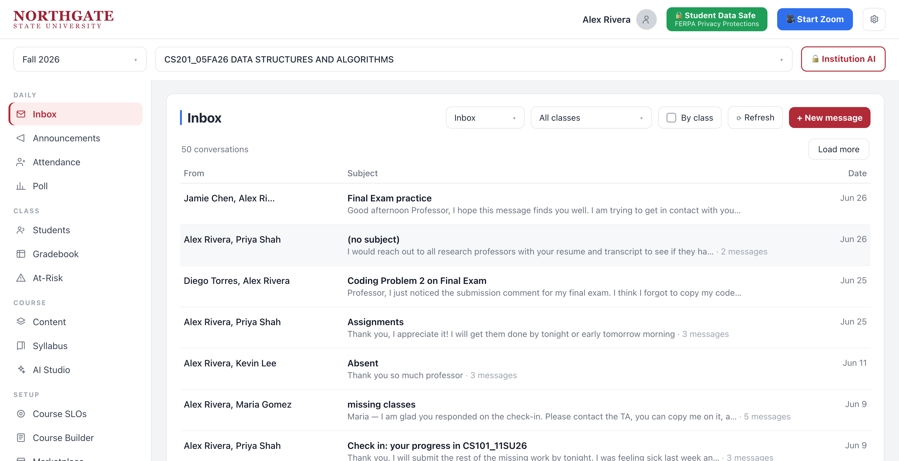 Student message inbox in the LMS Bridge dashboard