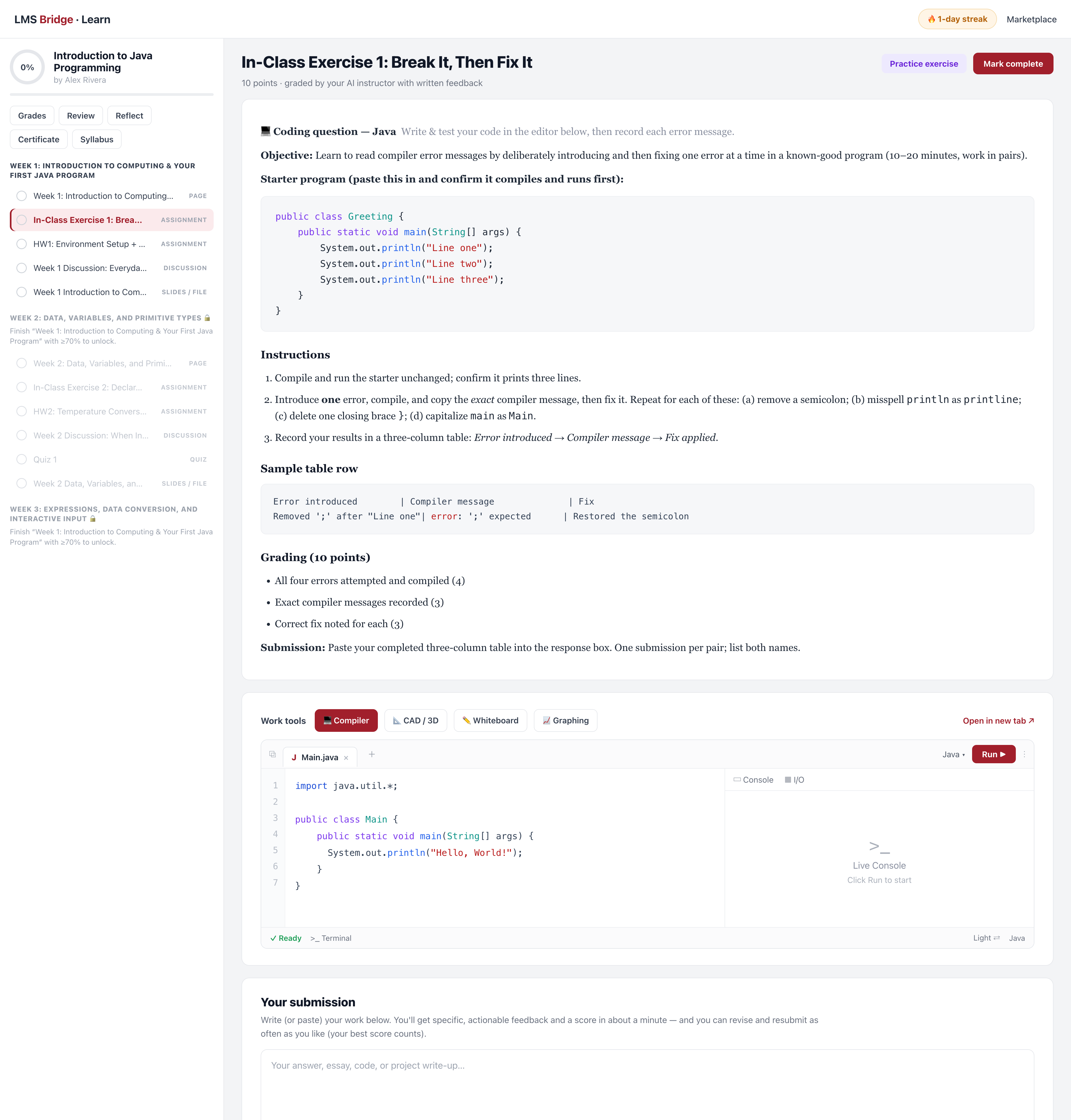 The learning center: a graded coding exercise with instructions, a built-in Java compiler and console, and an AI-feedback submission box, with course progress and modules down the left