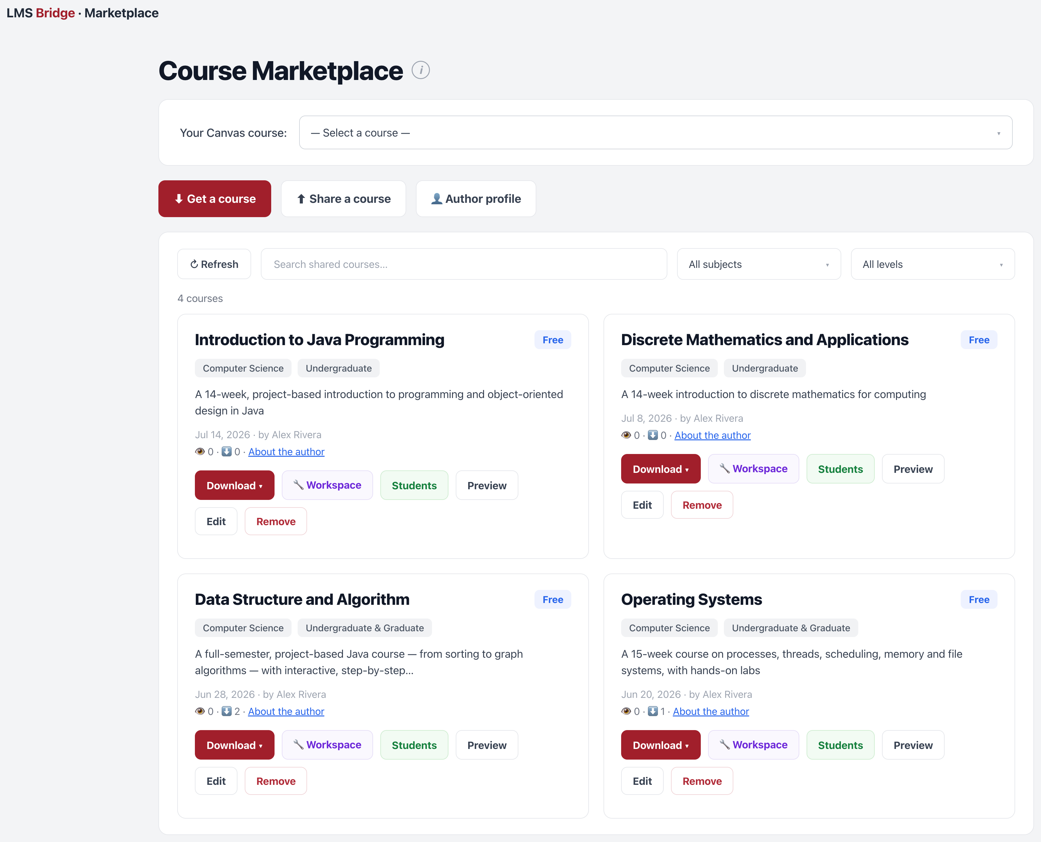 Course Marketplace — a grid of full courses shared by instructors, each free to browse with download, workspace and preview actions