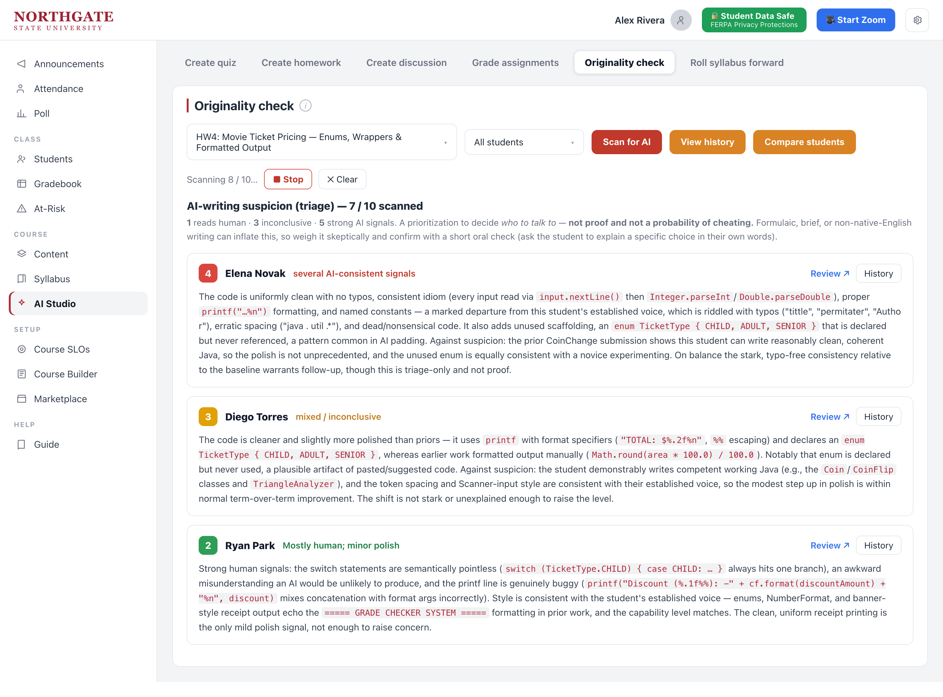 AI-writing originality check listing students by suspicion level with explanations