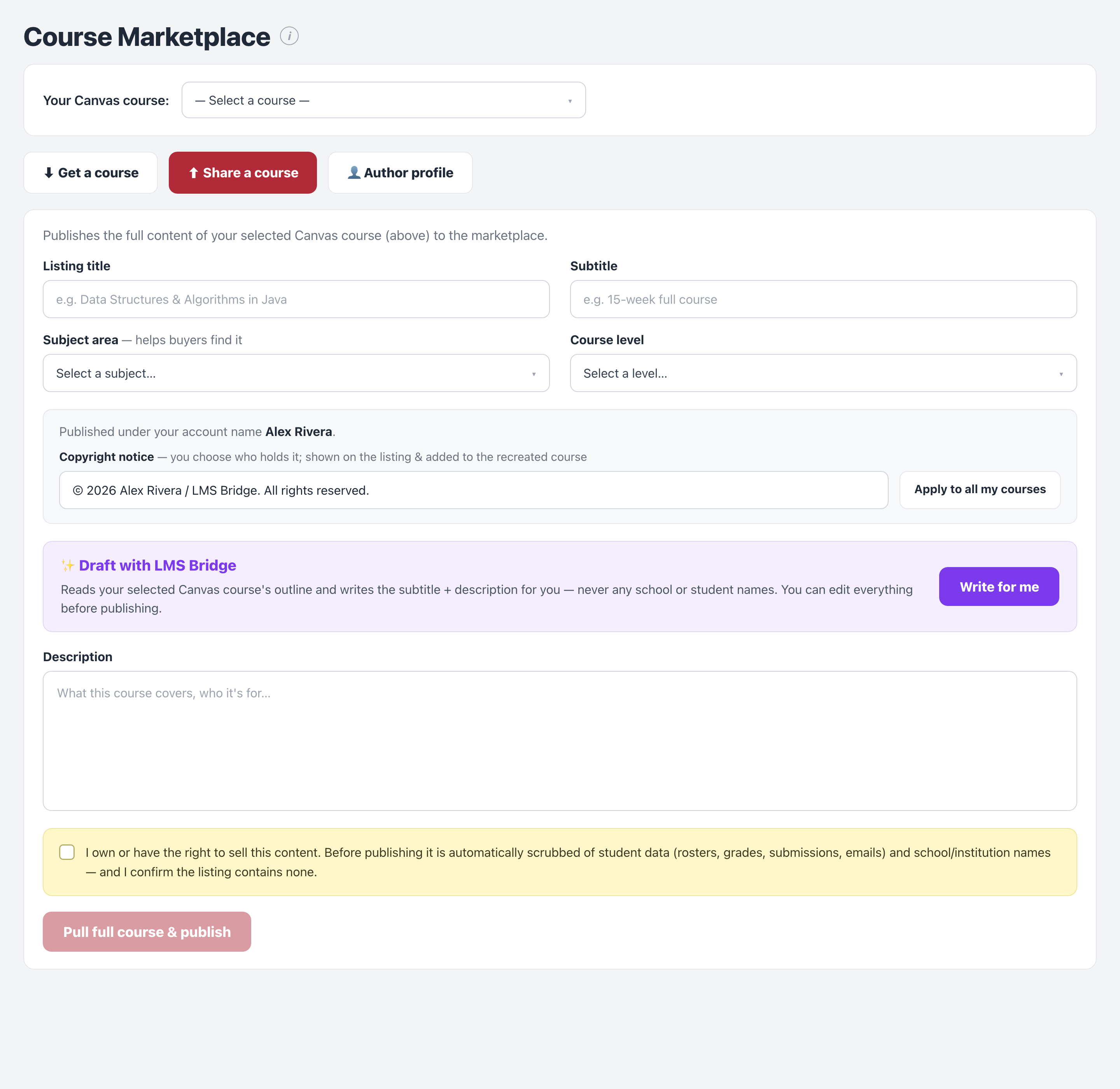 Share a course form — publish a course to the marketplace with an AI-drafted description and student-data scrubbing