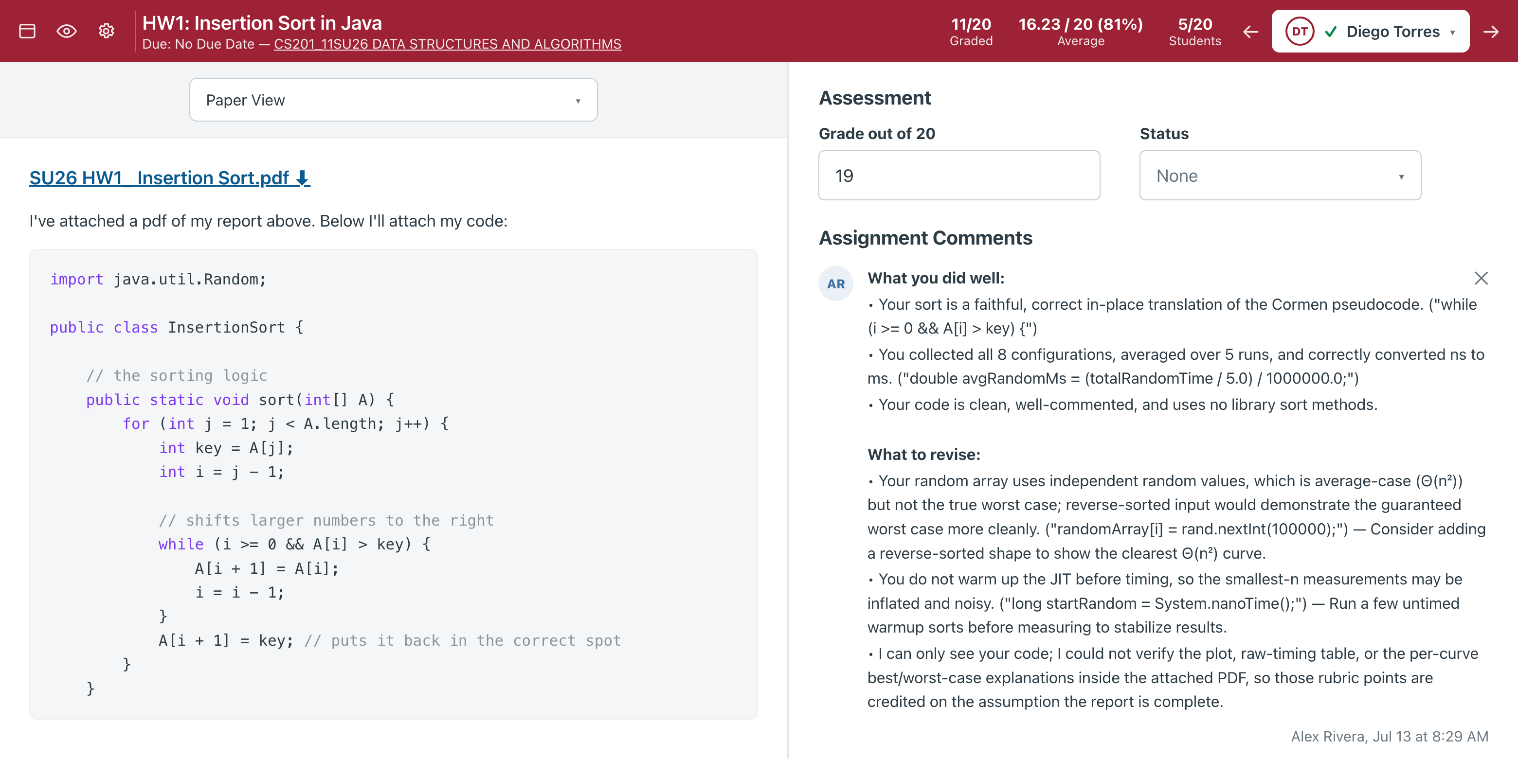 SpeedGrader with an AI-written grade and detailed rubric-aware feedback