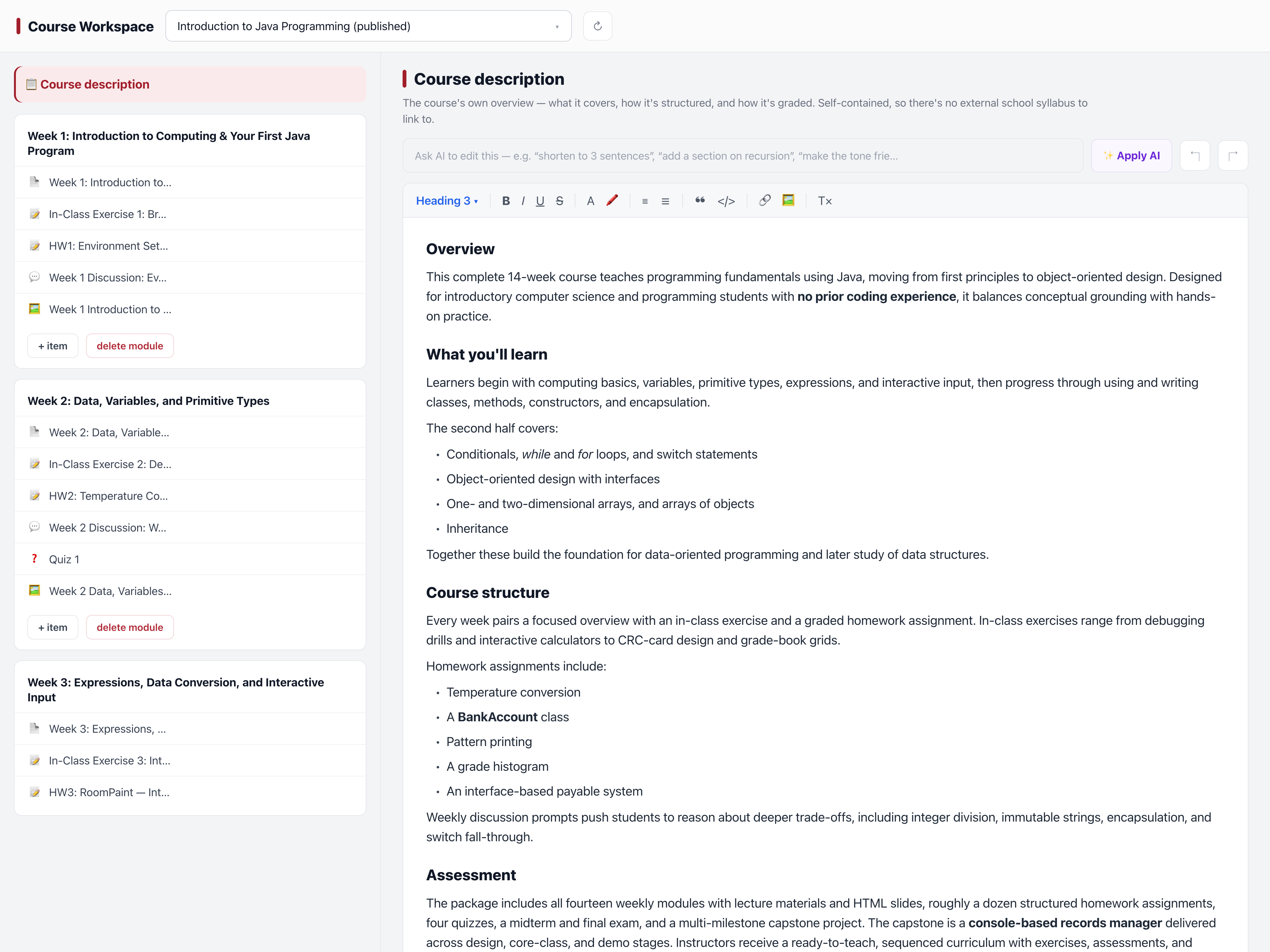 Course Workspace editor — module tree on the left and a rich-text course description with an Ask-AI edit box on the right